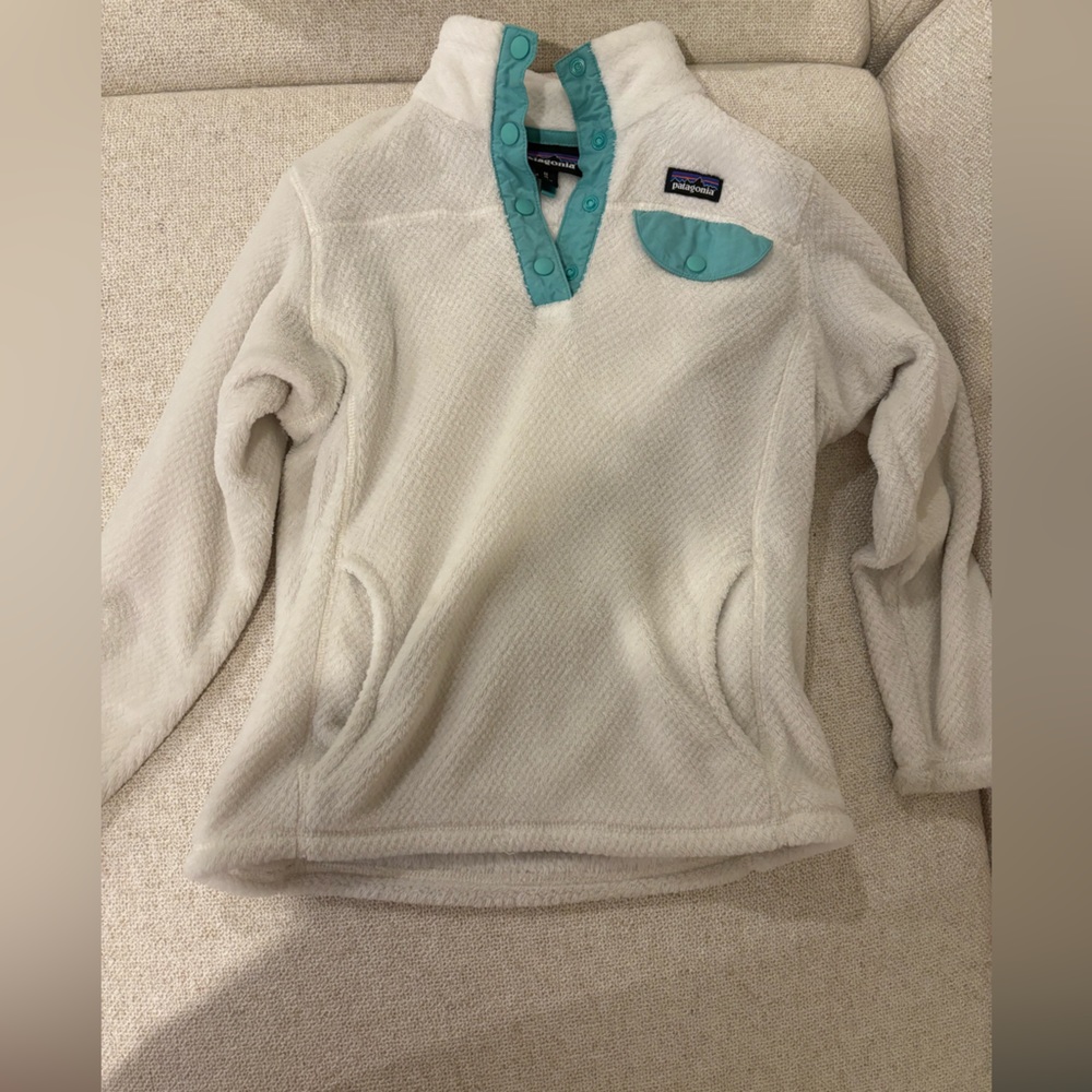 White and blue Patagonia quarter button up